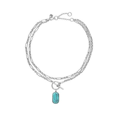 Bella Uno Fine Silver Plated Worn Silver Tone Reconstituted Turquoise Plaque Toggle Pendant Necklace
