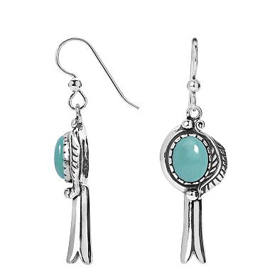 Southwest Spirit Sterling Silver Kingman Turquoise Gemstone Squash Blossom Dangle Earrings