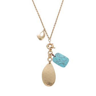 Bella Uno Fine Silver Plated Worn Gold Tone Reconstituted Turquoise Charm Lariat Necklace