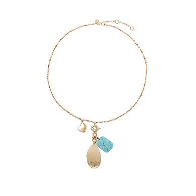 Bella Uno Fine Silver Plated Worn Gold Tone Reconstituted Turquoise Charm Lariat Necklace