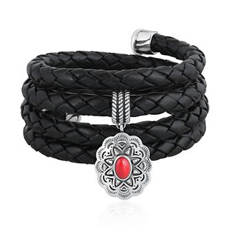 Southwest Spirit® Sterling Silver Red Coral Concha Braided Leather Wrap Bracelet