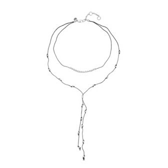 Bella Uno Fine Silver Plated Worn Silver Tone Multi-Layer Beaded Cord Lariat Necklace