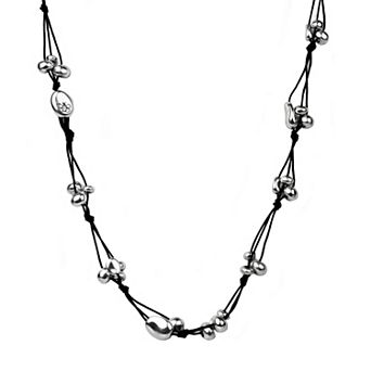 Bella Uno Fine Silver Plated Worn Silver Tone Beaded Cord Necklace