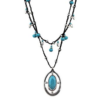 Bella Uno Fine Silver Plated Worn Silver Tone Reconstituted Turquoise Oval Pendant Necklace