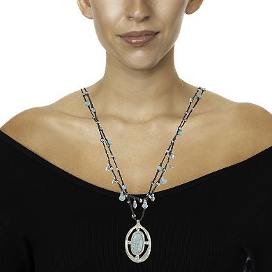Bella Uno Fine Silver Plated Worn Silver Tone Reconstituted Turquoise Oval Pendant Necklace