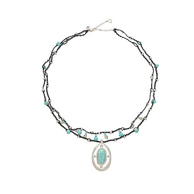 Bella Uno Fine Silver Plated Worn Silver Tone Reconstituted Turquoise Oval Pendant Necklace