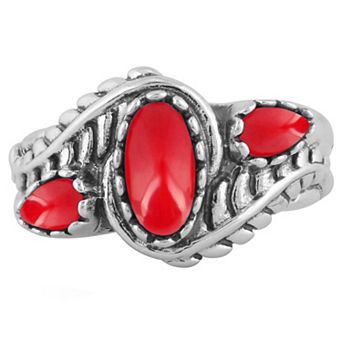 Southwest Spirit® Sterling Silver Coral 3-Stone Leaf Ring
