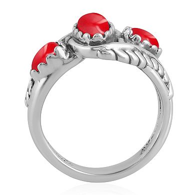 Southwest Spirit® Sterling Silver Coral 3-Stone Leaf Ring