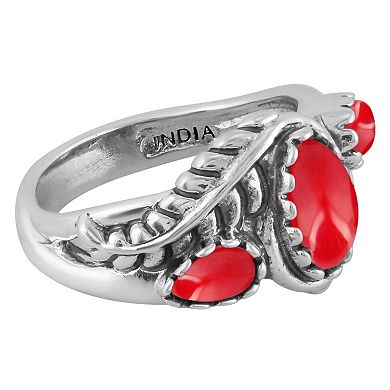 Southwest Spirit® Sterling Silver Coral 3-Stone Leaf Ring