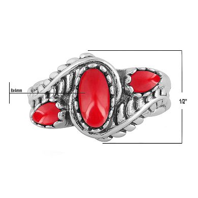Southwest Spirit® Sterling Silver Coral 3-Stone Leaf Ring