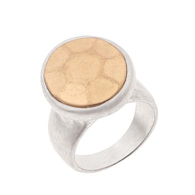 Bella Uno Fine Silver Plated Two-Tone Faceted Signet Ring