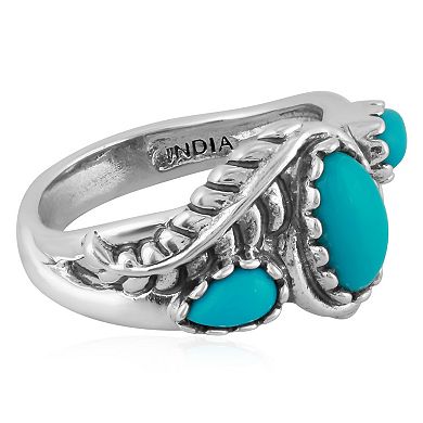 Southwest Spirit Sterling Silver Turquoise 3-Stone Leaf Ring