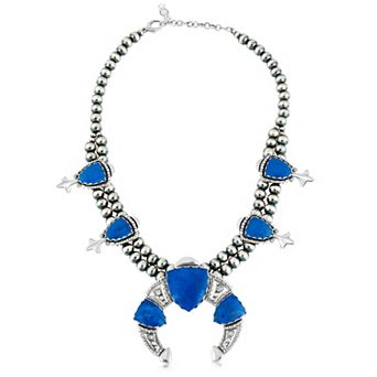 Southwest Spirit® Sterling Silver Lapis Lazuli Squash Blossom Necklace with Floral Accents