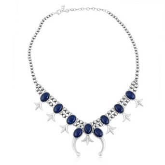 Southwest Spirit® Sterling Silver Lapis Lazuli Squash Blossom Necklace with Leaf Motif