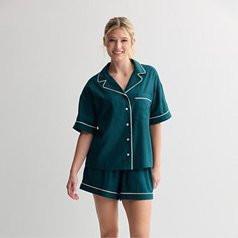 Women's Sonoma Goods For Life® Short Woven Notch 2 pc Pajama Top and Pajama Shorts Set