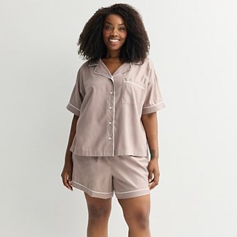 Plus Size Sonoma Goods For Life® 2 pc Woven Notch Pajama Top & Pajama Shorts Set