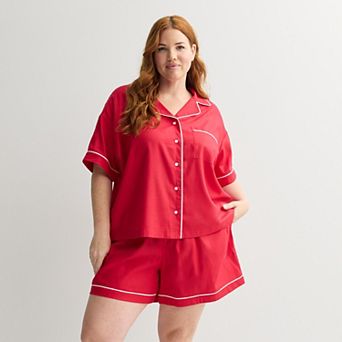 Plus Size Sonoma Goods For Life® 2 pc Woven Notch Pajama Top & Pajama Shorts Set