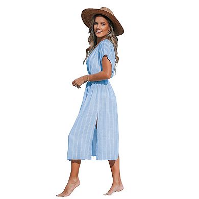 Women's CUPSHE Striped Plunging V-Neck Dolman Sleeve Midi Cover-Up Dress