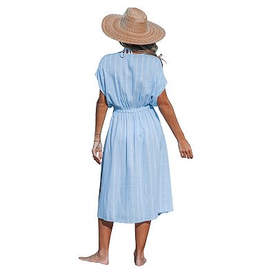 Women's CUPSHE Striped Plunging V-Neck Dolman Sleeve Midi Cover-Up Dress