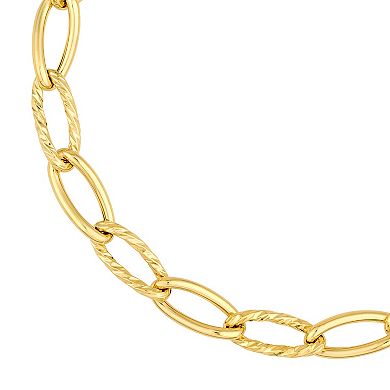 Color Romance 14k Gold Alternating Polished & Textured Oval Link Bracelet