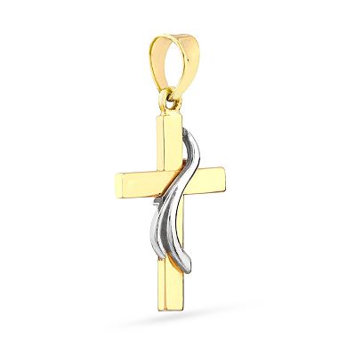 Color Romance Two-Tone 14k Gold Ribbon Cross Pendant Necklace