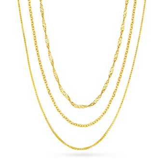Color Romance 14k Gold Box, Singapore & Cable Chain Necklace Set