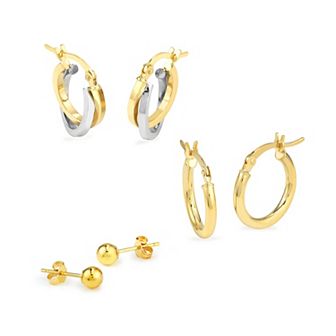 Color Romance 14k Gold Stud, Hoop & Double Hoop Earring Set
