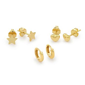 Color Romance 14k Gold Puffed Heart, Star & Mini Hoop Earring Set