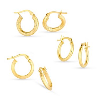Color Romance 14k Gold Knife Edge, Twist & Tube 3-Pair Hoop Earring Set