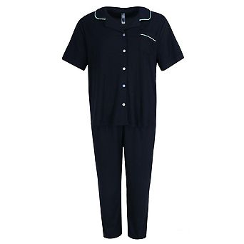 PJ Couture Women's Button Down Wavy Notch Collar Short Sleeve Capri Set