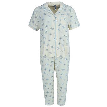 PJ Couture Women's Button Down Notch Collar Short Sleeve Capri Set