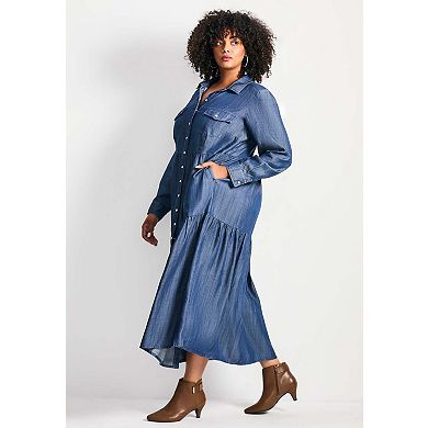 Avenue Women's Plus Size Denim Tiered Shirtdress