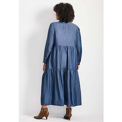Avenue Women's Plus Size Denim Tiered Shirtdress