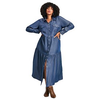 Avenue Women's Plus Size Denim Tiered Shirtdress