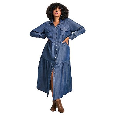 Midi Dress Denim Dress Size 22 Avenue Women's Plus Size Denim Tiered  Shirtdress Dark Wash