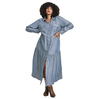 Avenue Women's Plus Size Denim Tiered Shirtdress