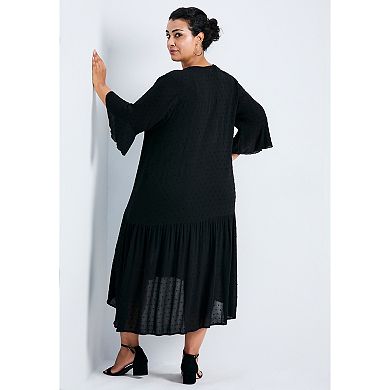 Avenue Women's Plus Size Vicki Textured Dobby Bell Sleeve Dress
