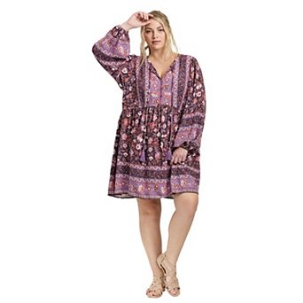 Avenue Women's Plus Size Livvy Boho Border Print Mini Dress