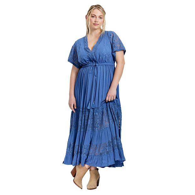 Avenue Women's Plus Size Raven Lace Maxi Dress - Horizon Blue
