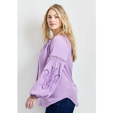 Avenue Women's Plus Size Embroidered Peasant Blouse
