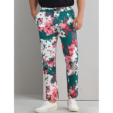 Floral Printed Pants for Men Contrasting Colors Flat Front Flower Pattern Dress Pants