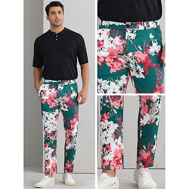 Floral Printed Pants for Men Contrasting Colors Flat Front Flower Pattern Dress Pants