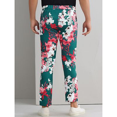 Floral Printed Pants for Men Contrasting Colors Flat Front Flower