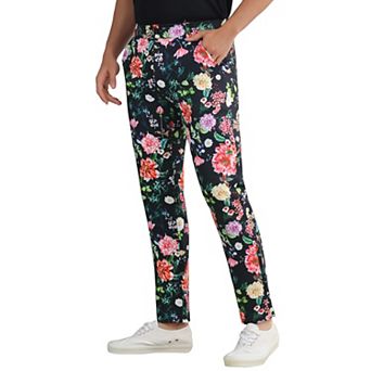 Floral Printed Pants for Men Contrasting Colors Flat Front Flower Pattern Dress Pants