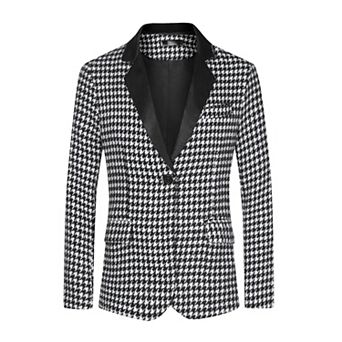 Houndstooth Print Blazer for Men Slim Fit Notched Collared Plaid Sports Coat