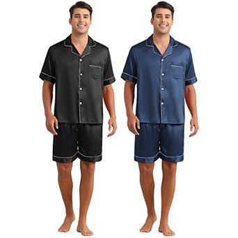 2 Sets Men's Short Sleeve Sleepwear Loungewear Shirts and Shorts Satin Pajamas