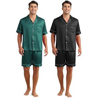 2 Sets Men's Short Sleeve Sleepwear Loungewear Shirts and Shorts Satin Pajamas