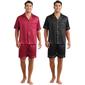 2 Sets Men's Short Sleeve Sleepwear Loungewear Shirts and Shorts Satin Pajamas