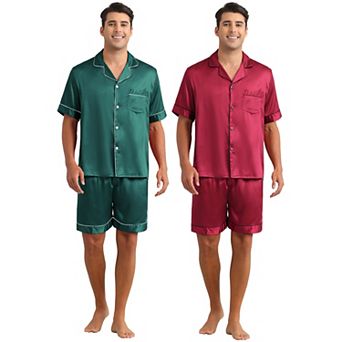 2 Sets Men's Short Sleeve Sleepwear Loungewear Shirts and Shorts Satin Pajamas