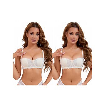 2 Packs Women's Lace Underwired Balconette Adjustable Straps Padded Tube Bras